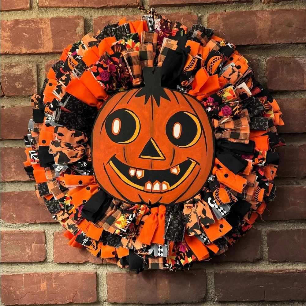 Retro Pumpkin Halloween Rag Wreath